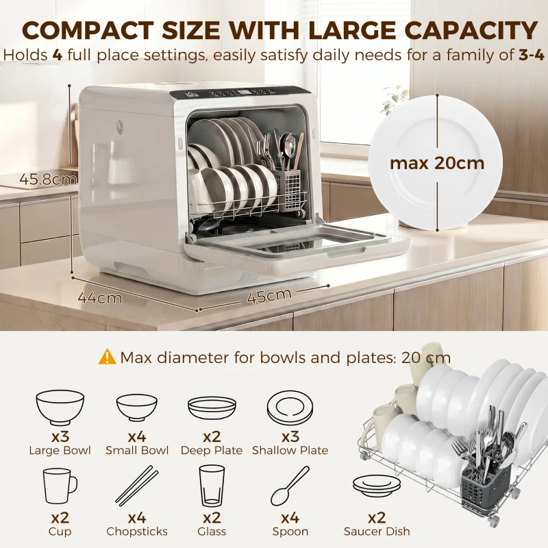 HOMCOM Countertop Dishwasher, Portable Mini Dishwasher with 1.6 Gal Built-in Water Tank, 5 Washing Programs, Air-Dry Function