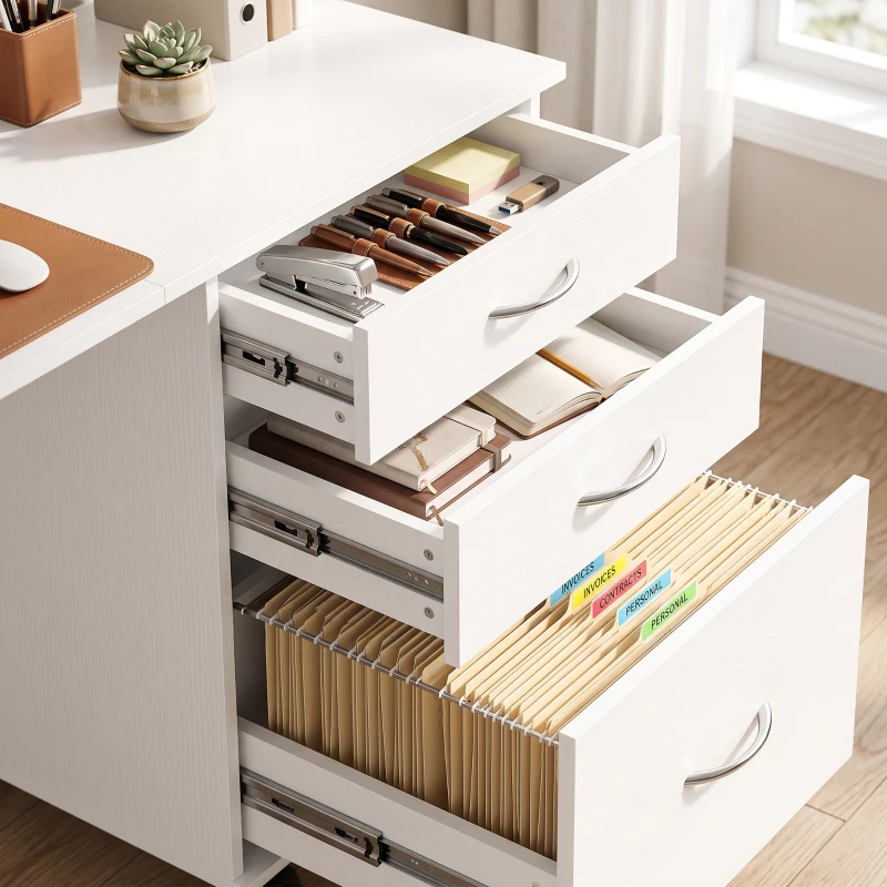 HOMCOM Computer Desk Foldable Top Office Desk 3 Drawers, 4 Lockable Wheels, White Wood Grain
