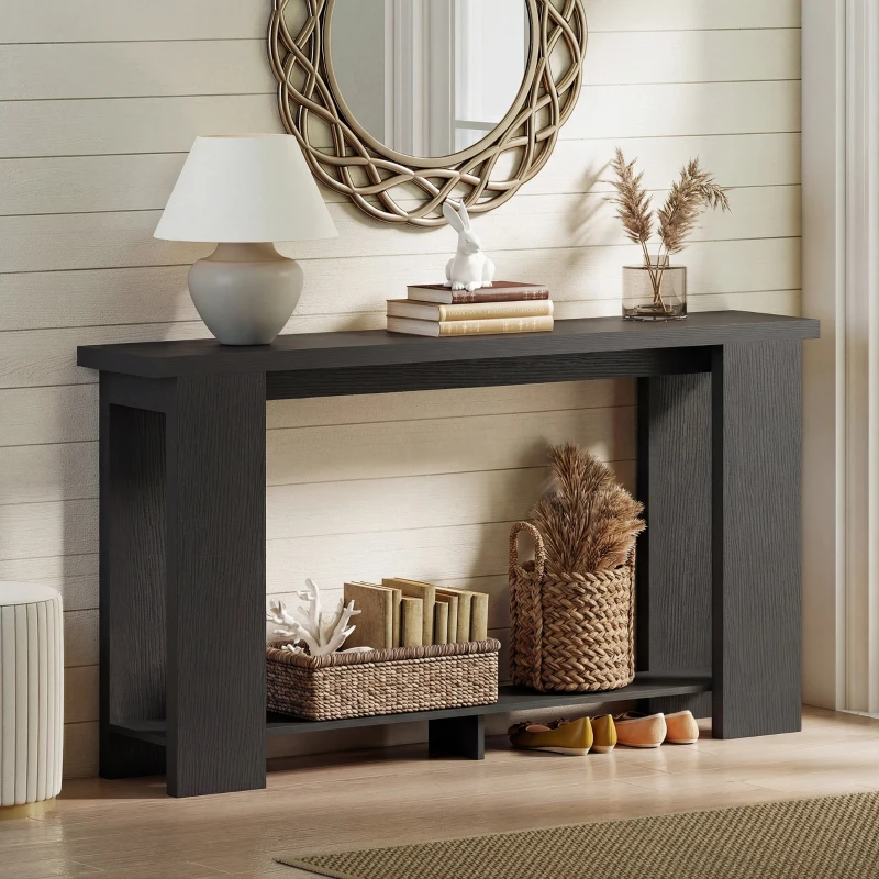HOMCOM Farmhouse Console Table, 63" Narrow Entryway Table with Thickened Tabletop for Living Room, Hallway, Distressed Black