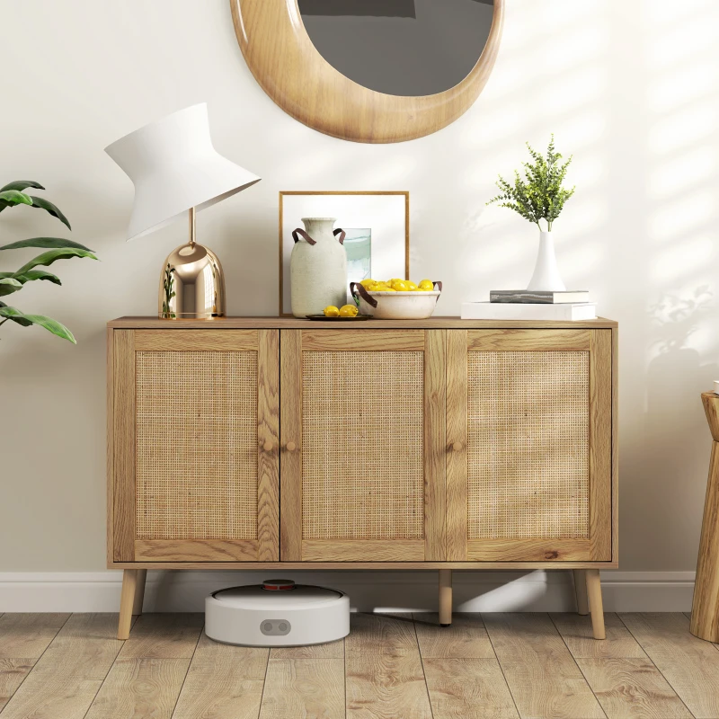 HOMCOM Bohemian Sideboard with Rattan Doors & Adjustable Shelf, Natural Wood Finish