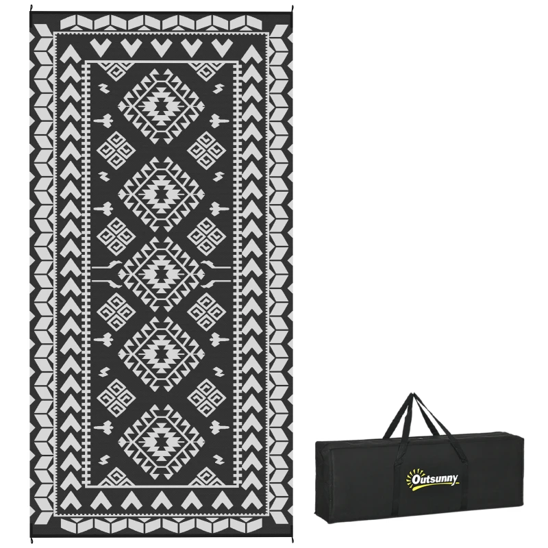 Outsunny Reversible Outdoor Rug, Waterproof Plastic Straw with Carry Bag, 9' x 18', Black & White Rhombus Patchwork
