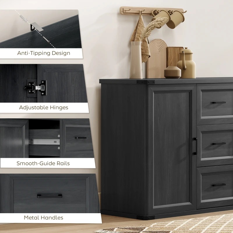 HOMCOM Sideboard with 3 Drawers and 2 Doors, 47" Buffet Cabinet with Adjustable Shelves for Kitchen, Black Wood Grain