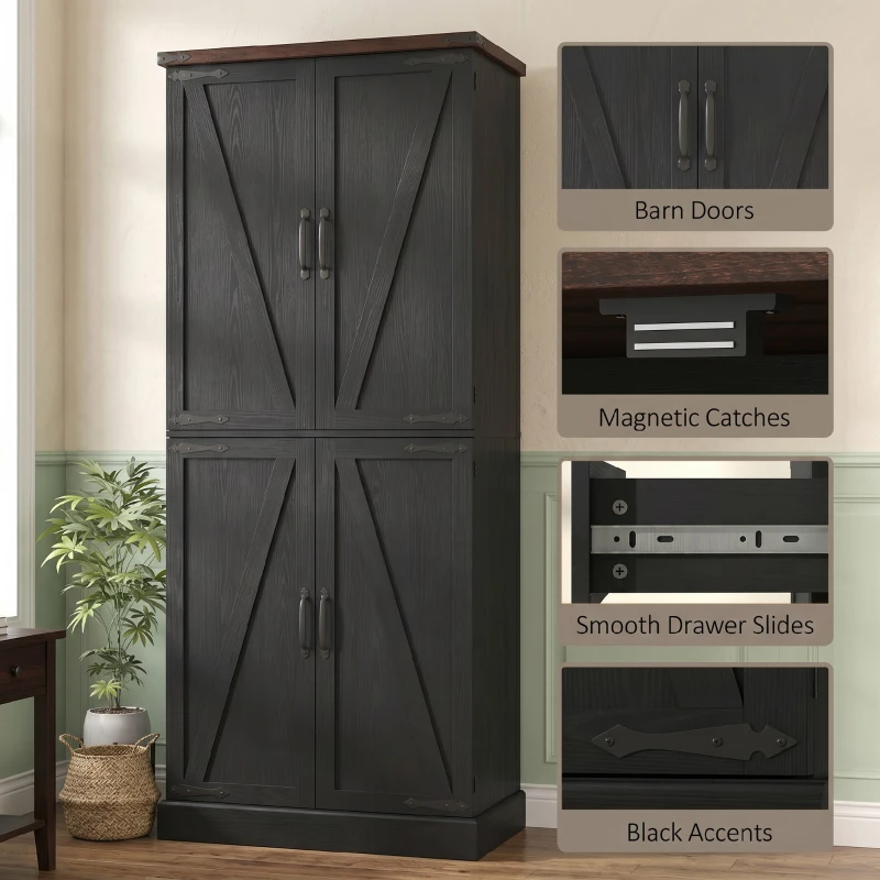 HOMCOM 72" Tall Kitchen Pantry Cabinet, Farmhouse Storage Cabinet with 8 Door Racks and Adjustable Shelves, Black