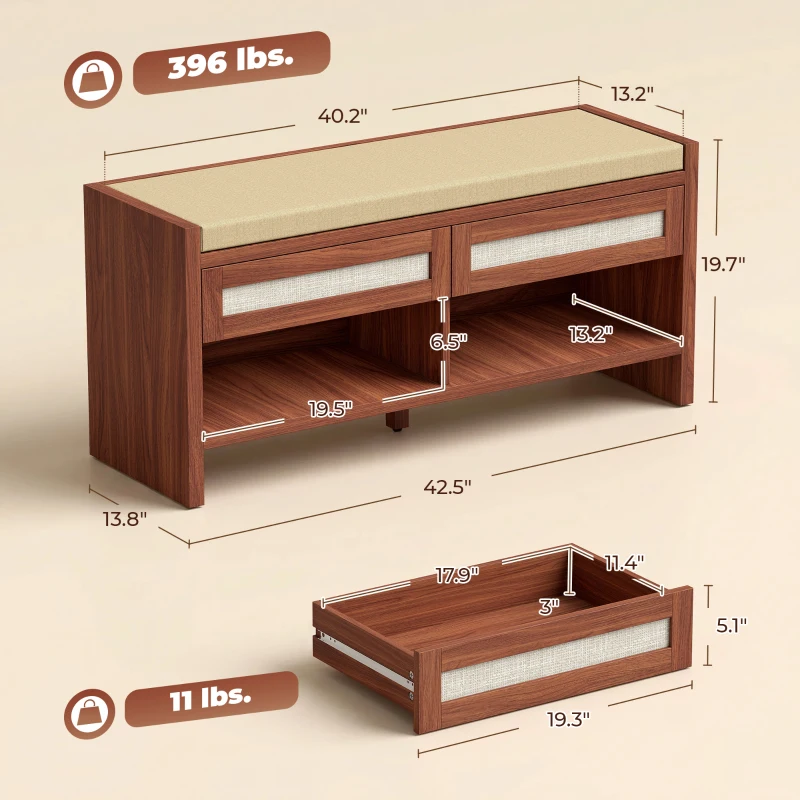 HOMCOM Shoe Bench with Cushioned Seat Shoe Storage Bench with 2 Rattan Drawers and Open Shelf Brown