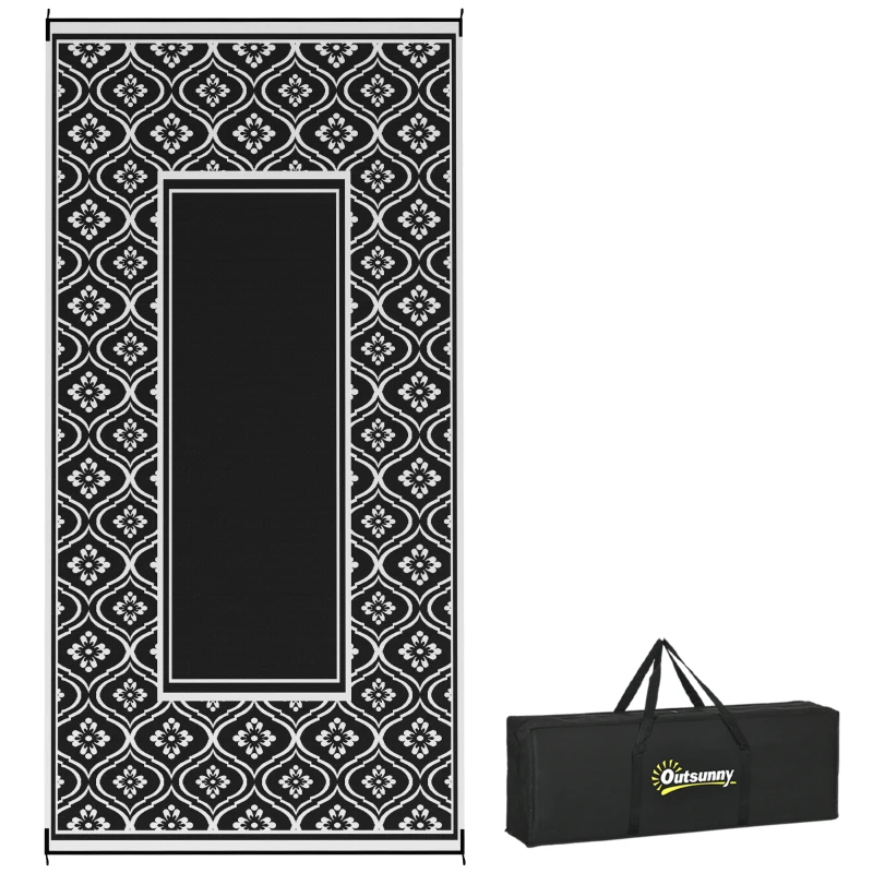 Outsunny Reversible Outdoor Rug, Waterproof Plastic Straw with Carry Bag, 9' x 18', Black & White Gourd Border