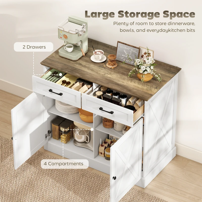 HOMCOM Kitchen Island with Sitting Space, Sideboard Cabinet with 2 Drawers and 2 Adjustable Shelves for Dining Room, White