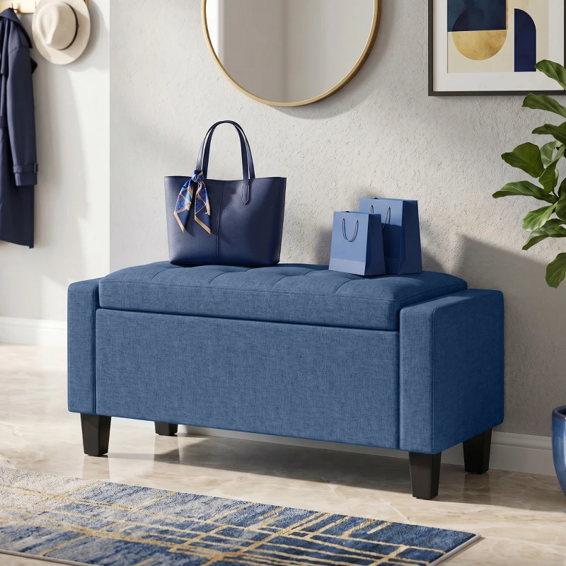HOMCOM Storage Ottoman, Storage Bench with Wooden Legs, Tufted Armrests for Entryway, Living Room, Bedroom, 36.6", Blue