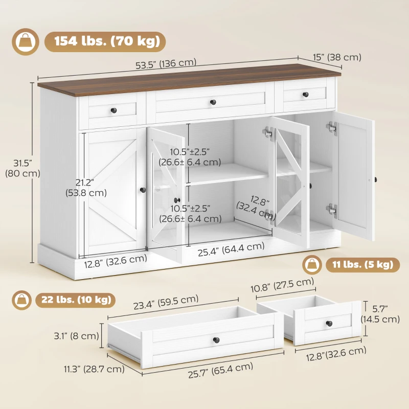 HOMCOM Sideboard Buffet Cabinet, 54" Farmhouse Kitchen Storage Cabinet with Acrylic Barn Doors and 3 Drawers, White Wood Grain
