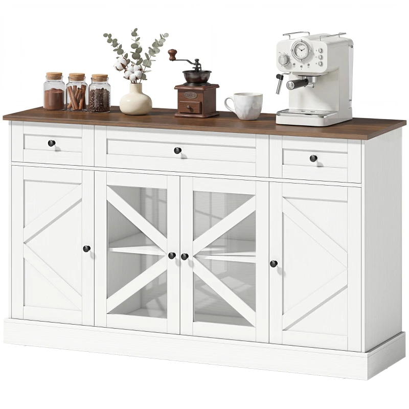 HOMCOM Sideboard Buffet Cabinet, 54" Farmhouse Kitchen Storage Cabinet with Acrylic Barn Doors and 3 Drawers, White Wood Grain