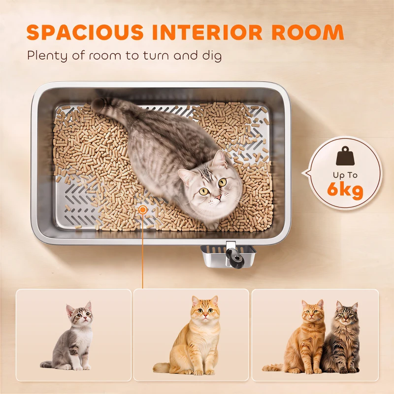 PawHut Stainless Steel Litter Box, XL Sifting Cat Litter Box for Medium, Large Cat, Non-Sticky, Odour Free, Easy Clean, Silver