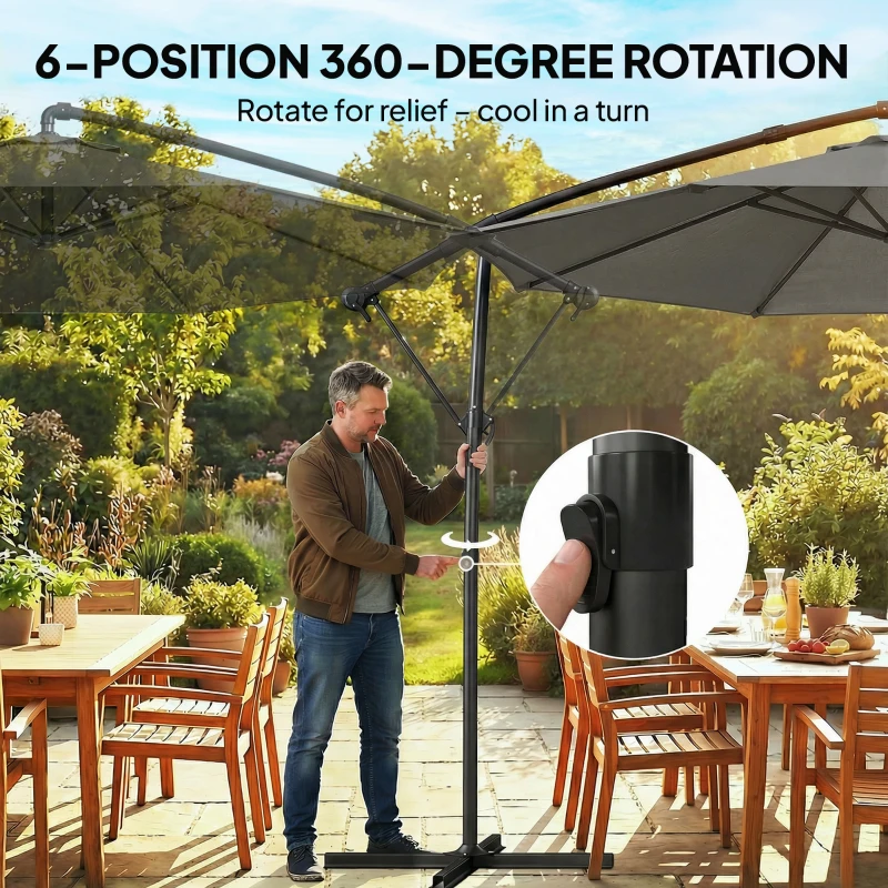 Outsunny 10 ft Offset Patio Umbrella with Cover, Hanging Cantilever Umbrella with 360° Rotation, Crank Handle, Tilt Grayish Brown