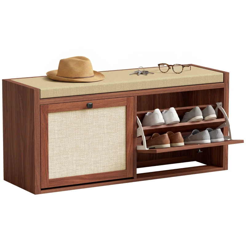 HOMCOM Shoe Storage Bench with Padded Seat, Shoe Storage Bench 2 Rattan Doors for Entryway, Brown