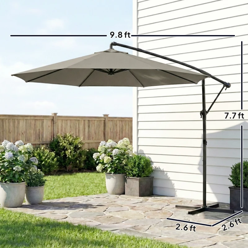 Outsunny 10 ft Offset Patio Umbrella with Cover, Hanging Cantilever Umbrella with 360° Rotation, Crank Handle, Tilt Grayish Brown