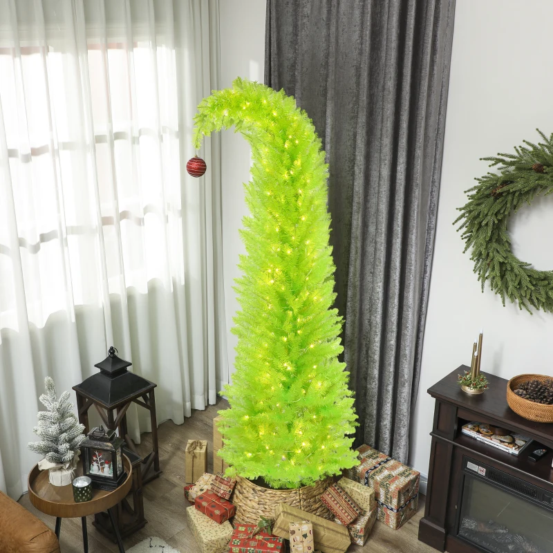 HOMCOM 7 ft Whimsical Christmas Tree, Pencil Xmas Tree with Red Ball, Metal Base, Prelit with 250 LED Lights