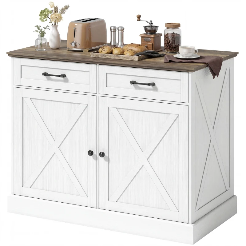 HOMCOM Kitchen Island with Sitting Space, Sideboard Cabinet with 2 Drawers and 2 Adjustable Shelves for Dining Room, White