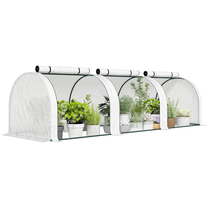 Outsunny 9.7' L x 3' W x 2.5' H Portable Tunneled Greenhouse with 3 Zippered Doors, Water/UV Fighting PE Cover, White