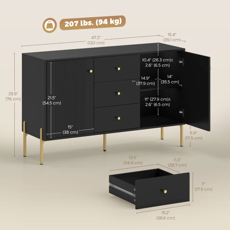 HOMCOM Buffet Cabinet, Modern Sideboard with 3 Soft-Close Drawers and 2 Adjustable Shelves for Living Room, Kitchen, Black