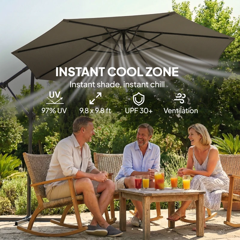 Outsunny 10 ft Offset Patio Umbrella with Cover, Hanging Cantilever Umbrella with 360° Rotation, Crank Handle, Tilt Grayish Brown