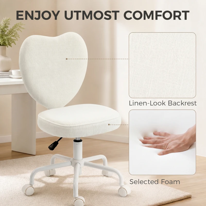 HOMCOM Heart Love Shaped Back Design Vanity Chair,  Office Chair with Adjustable Height and 360 Swivel Castor Wheels, White