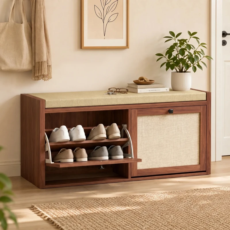HOMCOM Shoe Storage Bench with Padded Seat, Shoe Storage Bench 2 Rattan Doors for Entryway, Brown