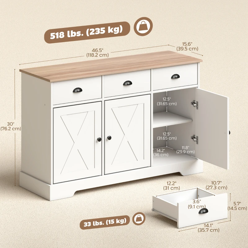 HOMCOM 46.5" Buffet Cabinet, Farmhouse Sideboard with 3 Barn Doors and 3 Drawers for Living Room, Kitchen, White