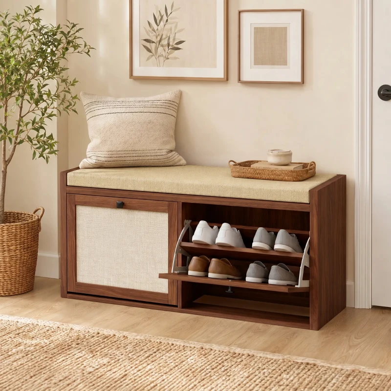 HOMCOM Shoe Storage Bench with Padded Seat, Shoe Storage Bench 2 Rattan Doors for Entryway, Brown
