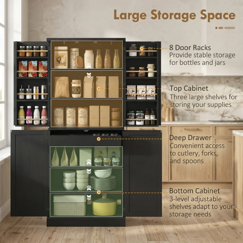 HOMCOM 72" Tall Kitchen Pantry Cabinet, Farmhouse Storage Cabinet with 8 Door Racks and Adjustable Shelves, Black