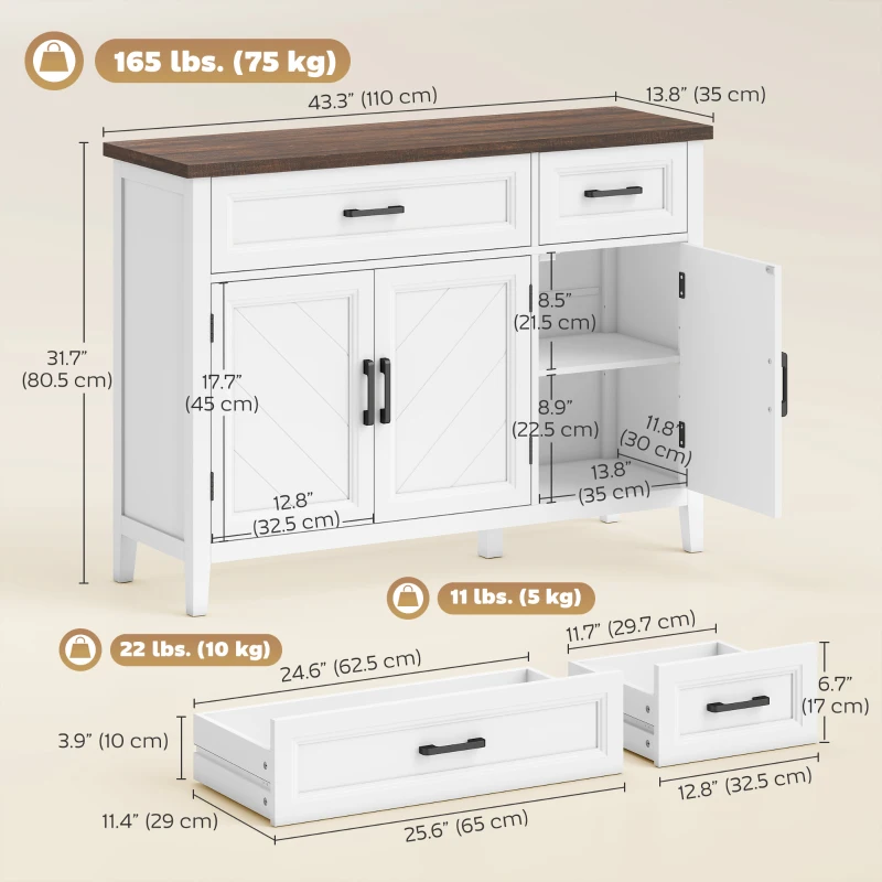 HOMCOM Sideboard Buffet Cabinet, 44" Farmhouse Kitchen Cabinet with 3 Chevron Doors, 2 Drawers and 2 Adjustable Shelves, White