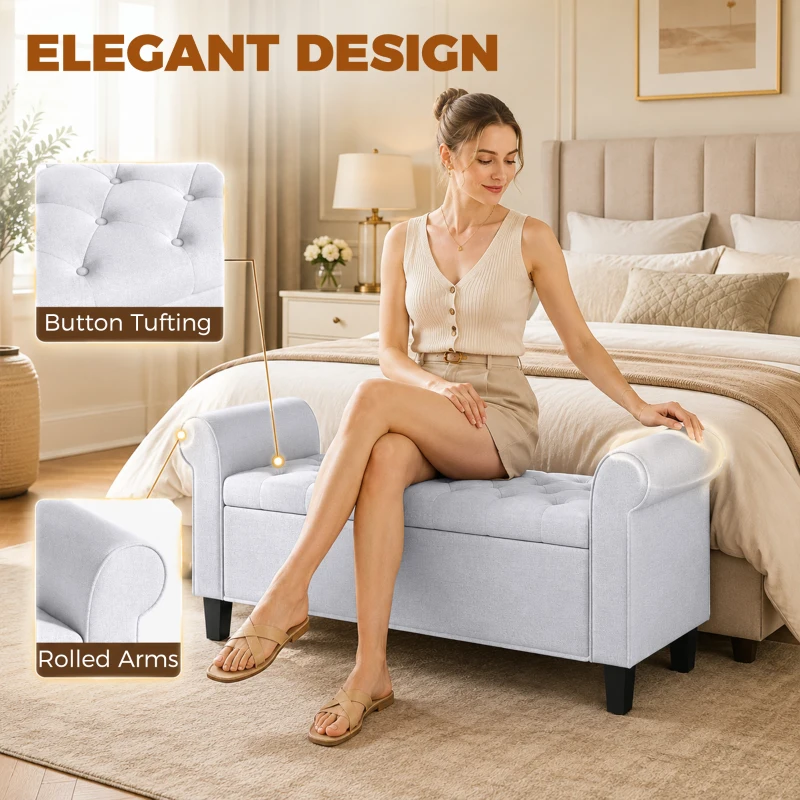 HOMCOM 47" Storage Ottoman Bench, Tufted End of Bed Bench with Rolled Arms, Safety Hinge, Wood Legs for Bedroom, Light Gray