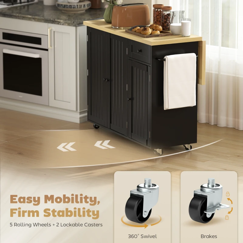 HOMCOM Kitchen Island Cart, Rolling Kitchen Island Table with Drop Leaf, Drawer, Spice and Towel Rack, Black
