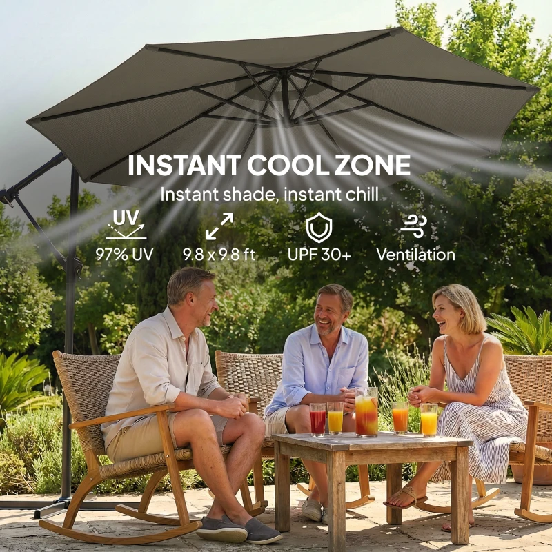 Outsunny 10 ft Offset Patio Umbrella with Cover, Hanging Cantilever Umbrella with 360° Rotation, Crank Handle, Tilt, Gray
