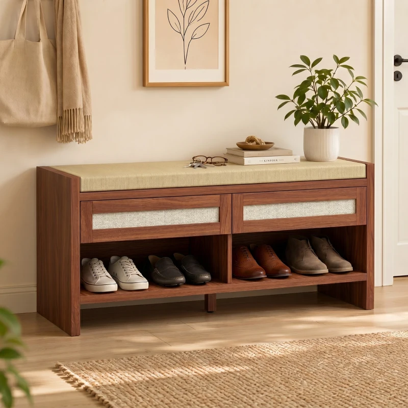 HOMCOM Shoe Bench with Cushioned Seat Shoe Storage Bench with 2 Rattan Drawers and Open Shelf Brown