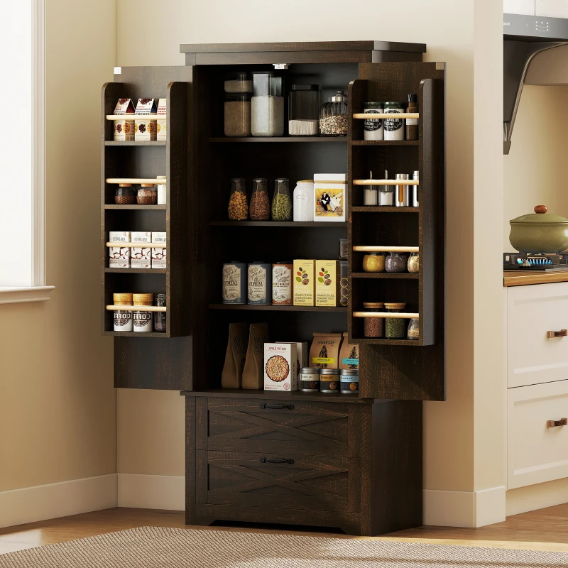 HOMCOM Farmhouse Kitchen Pantry Storage Cabinet, 64" Freestanding Kitchen Pantry Cabinet with Drawers, Distressed Dark Brown