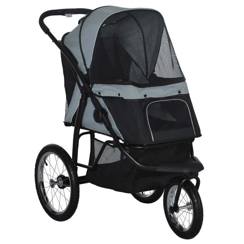 PawHut 3 Wheels Pet Stroller for Small Dogs and Medium Dogs with Adjustable Canopy, Safety Tether, Storage Basket, Gray