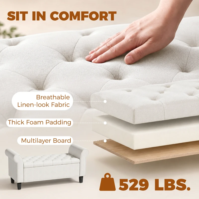 HOMCOM 47" Storage Ottoman Bench, Tufted End of Bed Bench with Rolled Arms, Safety Hinge, Wood Legs for Bedroom, Cream White
