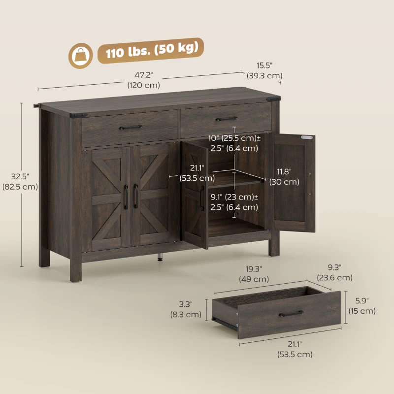HOMCOM Sideboard Buffet Cabinet, Farmhouse Kitchen Storage Cabinet w/ 2 Drawers and Shelves for Living Room, Entryway