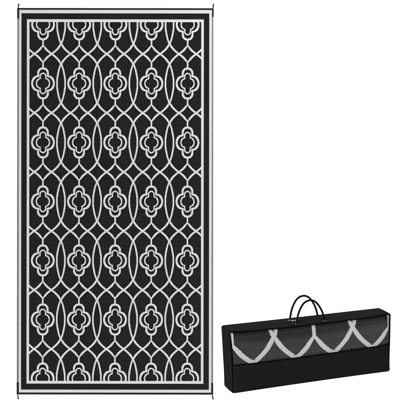 Outsunny Reversible Outdoor Rug, Waterproof Plastic Straw with Carry Bag, 9' x 18', Black & White Lantern