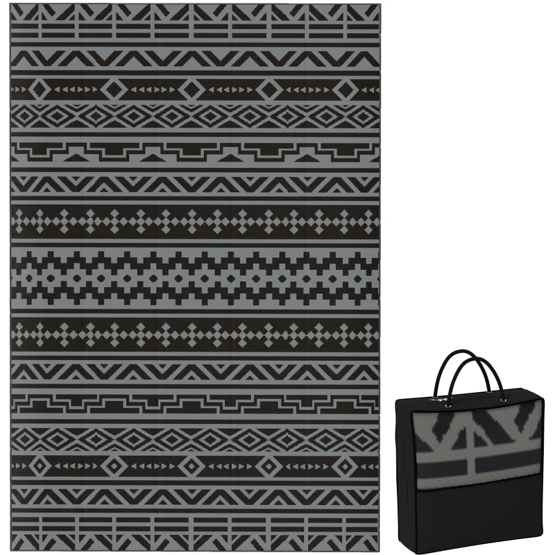 Outsunny Reversible Outdoor Rug, Waterproof Plastic Straw with Carry Bag, 6' x 9', Black & Gray Geometric Wall