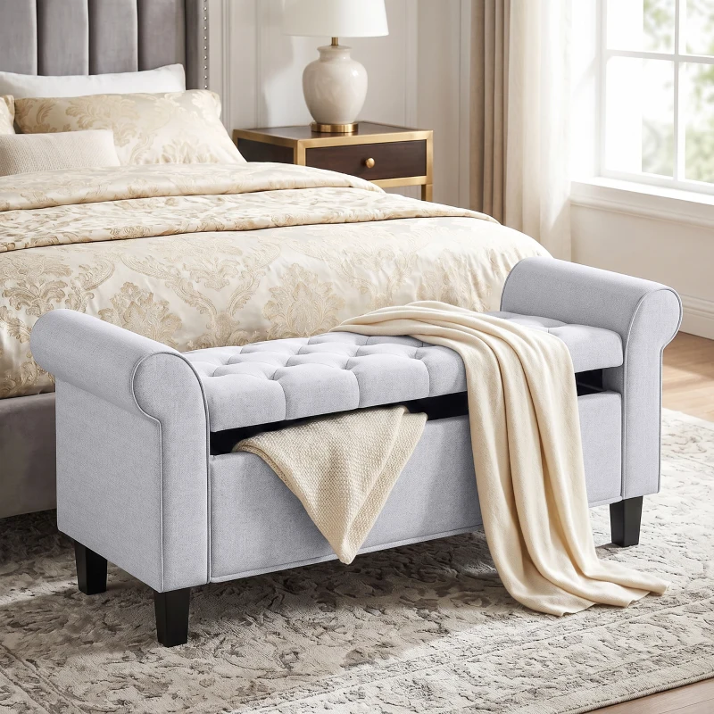 HOMCOM 47" Storage Ottoman Bench, Tufted End of Bed Bench with Rolled Arms, Safety Hinge, Wood Legs for Bedroom, Light Gray