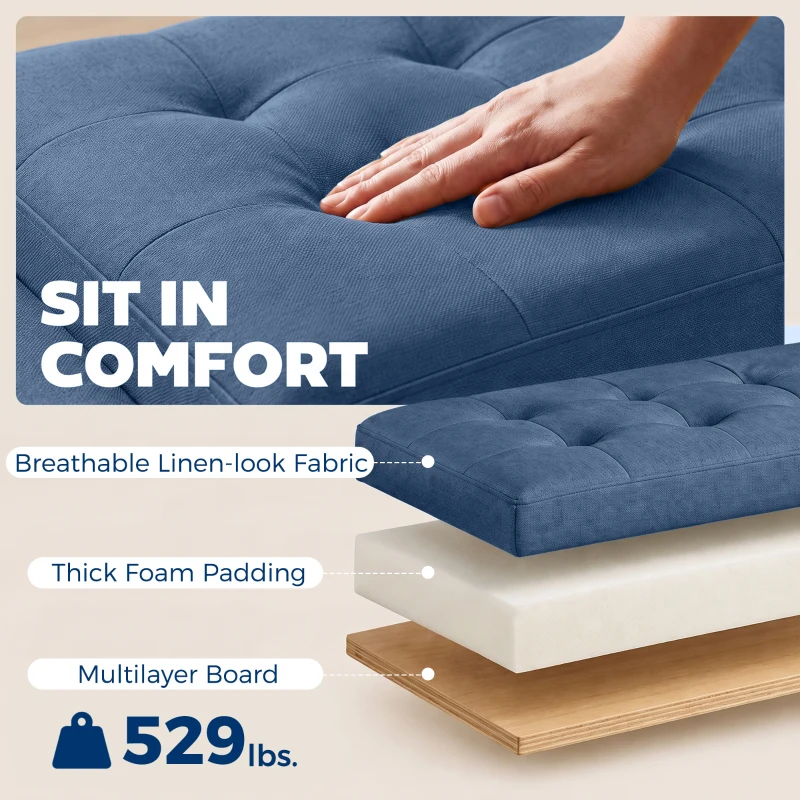 HOMCOM Storage Ottoman, Storage Bench with Wooden Legs, Tufted Armrests for Entryway, Living Room, Bedroom, 36.6", Blue