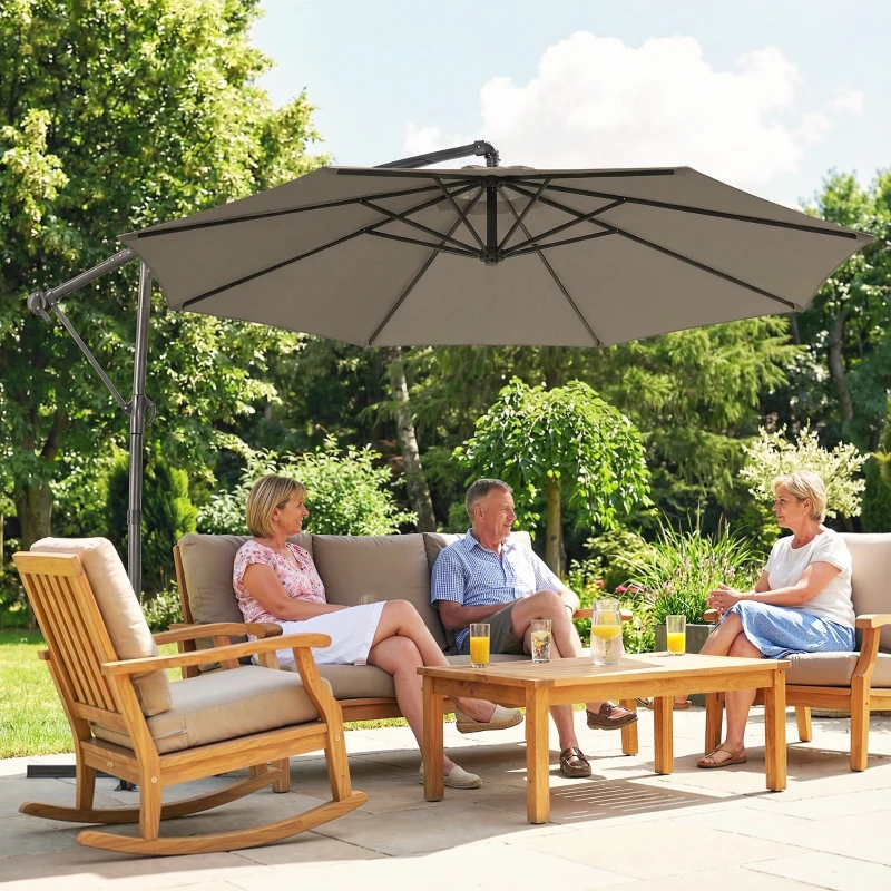 Outsunny 10 ft Offset Patio Umbrella with Cover, Hanging Cantilever Umbrella with 360° Rotation, Crank Handle, Tilt Grayish Brown