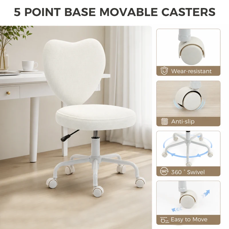 HOMCOM Heart Love Shaped Back Design Vanity Chair,  Office Chair with Adjustable Height and 360 Swivel Castor Wheels, White