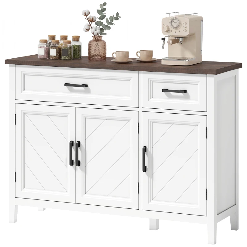 HOMCOM Sideboard Buffet Cabinet, 44" Farmhouse Kitchen Cabinet with 3 Chevron Doors, 2 Drawers and 2 Adjustable Shelves, White