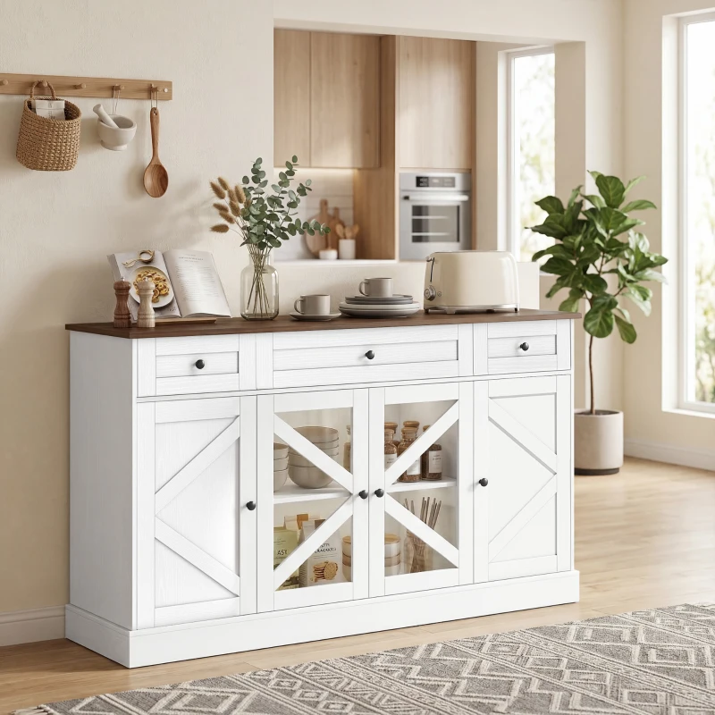 HOMCOM Sideboard Buffet Cabinet, 54" Farmhouse Kitchen Storage Cabinet with Acrylic Barn Doors and 3 Drawers, White Wood Grain