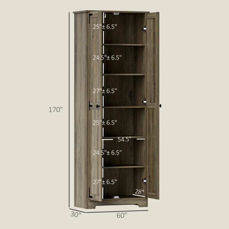 HOMCOM 67" Farmhouse Pantry Cabinet, Freestanding Food Pantry Cabinet with Adjustable Shelves, Distressed Gray