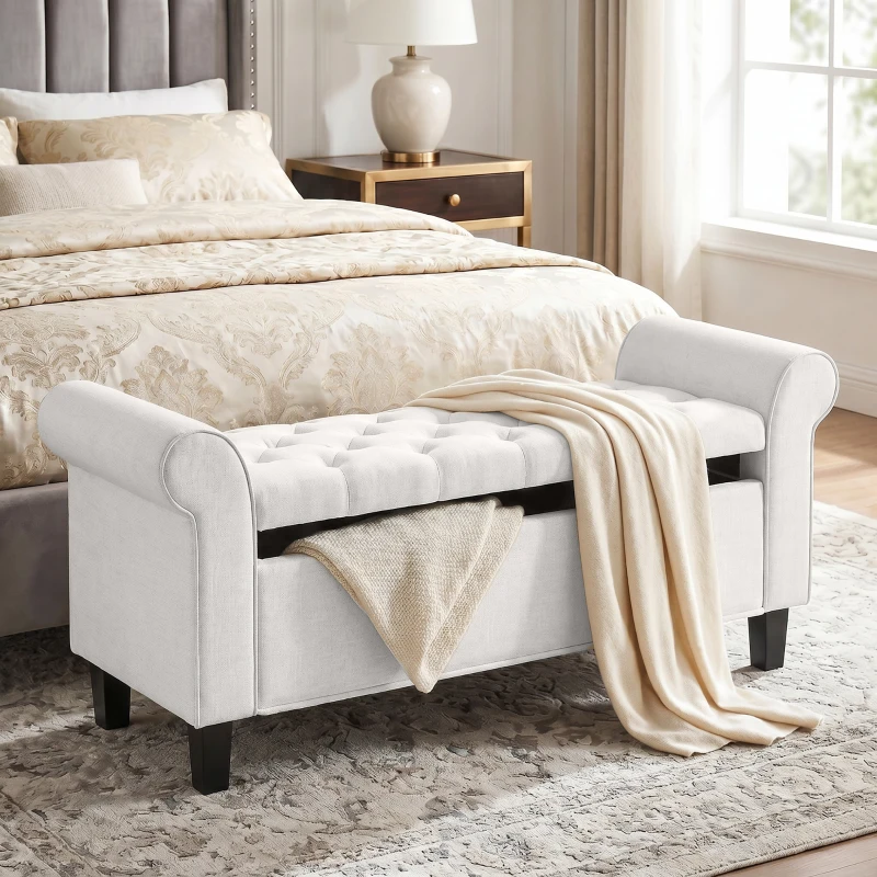 HOMCOM 47" Storage Ottoman Bench, Tufted End of Bed Bench with Rolled Arms, Safety Hinge, Wood Legs for Bedroom, Cream White