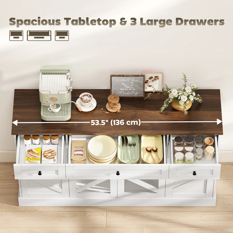 HOMCOM Sideboard Buffet Cabinet, 54" Farmhouse Kitchen Storage Cabinet with Acrylic Barn Doors and 3 Drawers, White Wood Grain