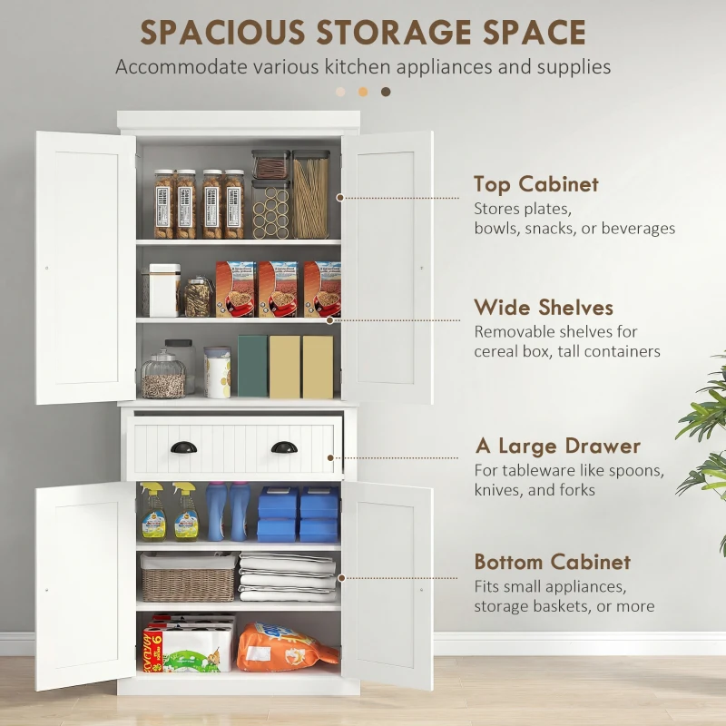 HOMCOM 72" Kitchen Pantry, Freestanding Storage Cabinet with Drawer, Doors, Cream White