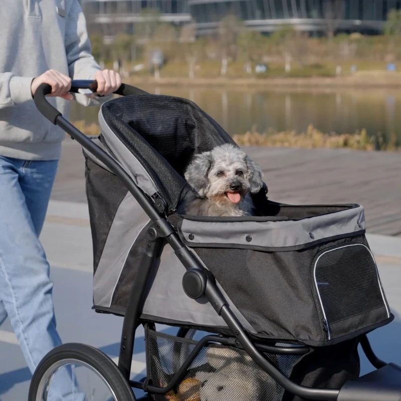 PawHut 3 Wheels Pet Stroller for Small Dogs and Medium Dogs with Adjustable Canopy, Safety Tether, Storage Basket, Gray