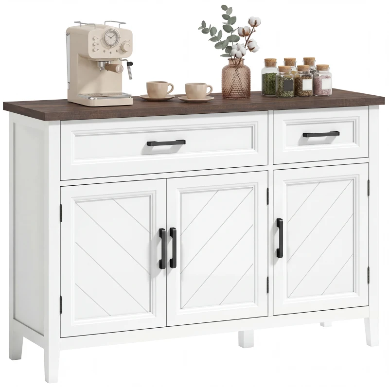HOMCOM Sideboard Buffet Cabinet, 44" Farmhouse Kitchen Cabinet with 3 Chevron Doors, 2 Drawers and 2 Adjustable Shelves, White